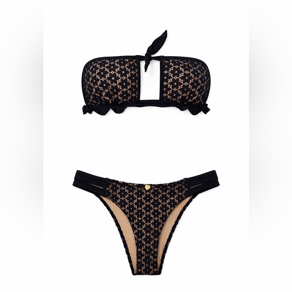For Love & Lemons Black Lace Bandeau Bikini Set Top & Bottom